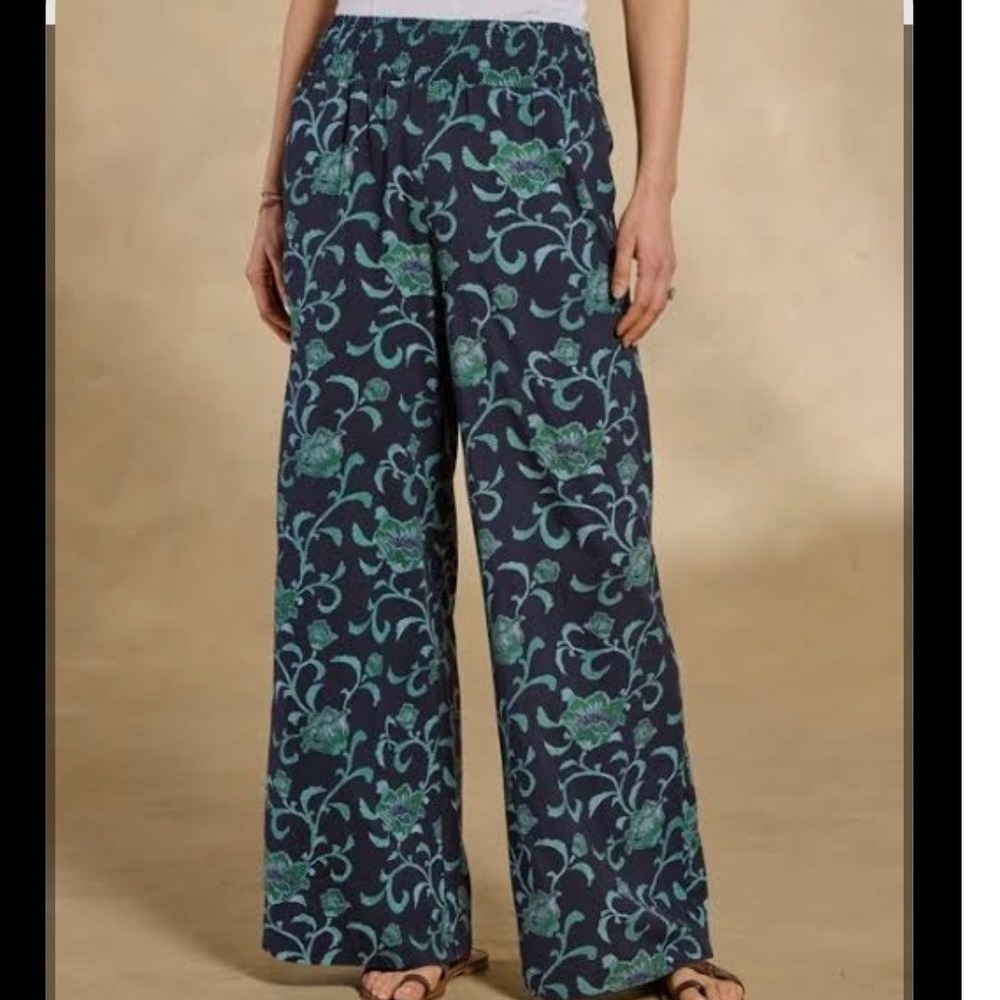 Sundance XL Himari Blue Floral Smocked Waist Wide Leg CROP Viscose Pants Pocket